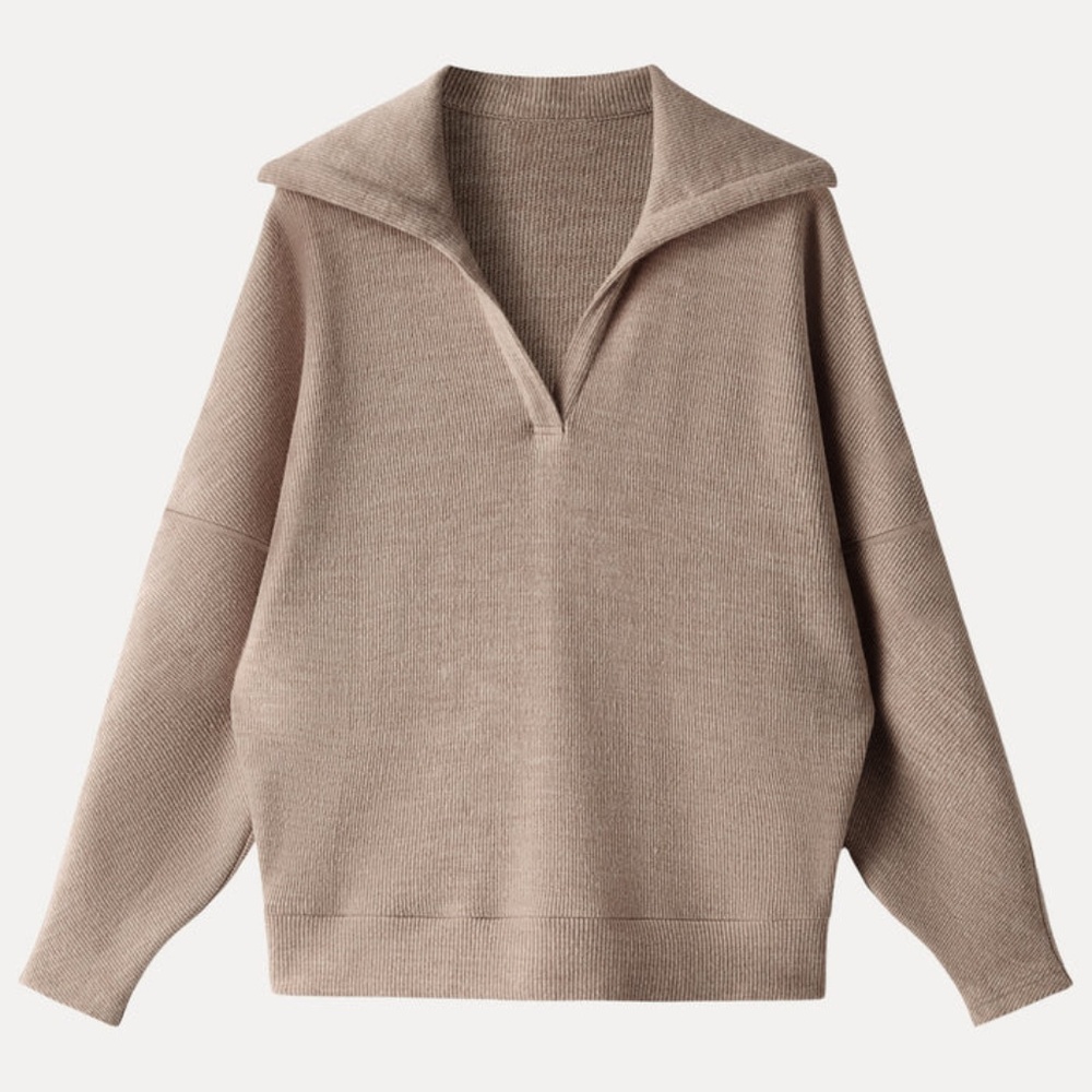 NWT!!  $69 OGL Cozy Collared V-Neck Batwing Sleeve Pullover in Heather Taupe  S